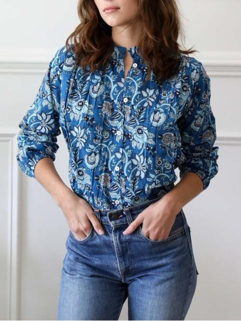 Mille Francesca Ruffle Neck Shirt Cotton Blue Floral Boho Resort Feminine Chic